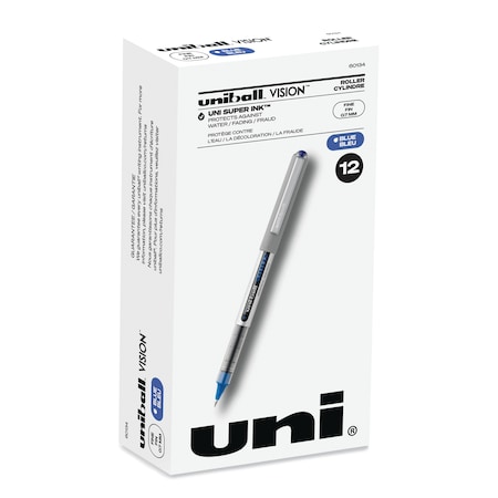 Uni-Ball Stick Roller Ball Pen, Fine 0.7mm, Blue Ink, Blue/Gray Barrel, PK12 60134
